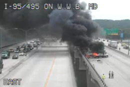 The fire is in the outer loop portion of the bridge. Smoke has shut down traffic on the inner loop. (Courtesy MDOT)