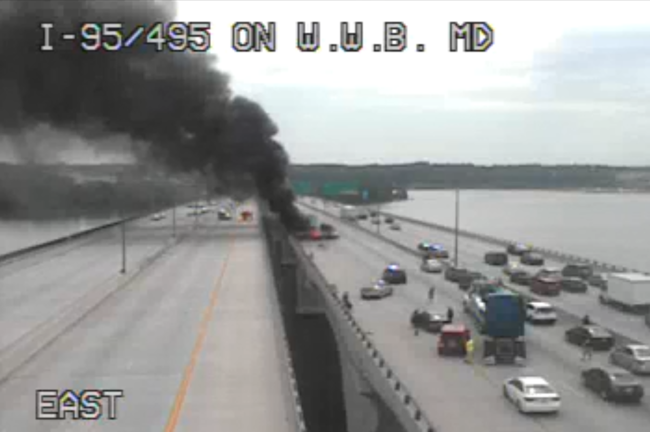 The fire is in the outer loop portion of the bridge. Smoke has shut down traffic on the inner loop. (Courtesy MDOT)
