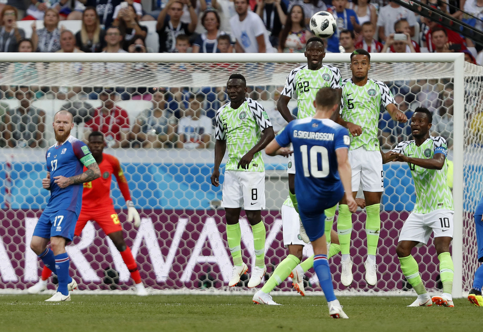 Iceland's Gylfi Sigurdsson takes a free kick during the group D match between Nigeria and Iceland at the 2018 soccer World Cup in the Volgograd Arena in Volgograd, Russia, Friday, June 22, 2018. (AP Photo/Darko Vojinovic)