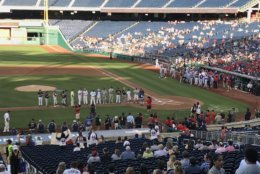 Players are being announced at the Congressional Baseball Game for Charity on Thursday, June 14, 2018. (WTOP/Michelle Basch)