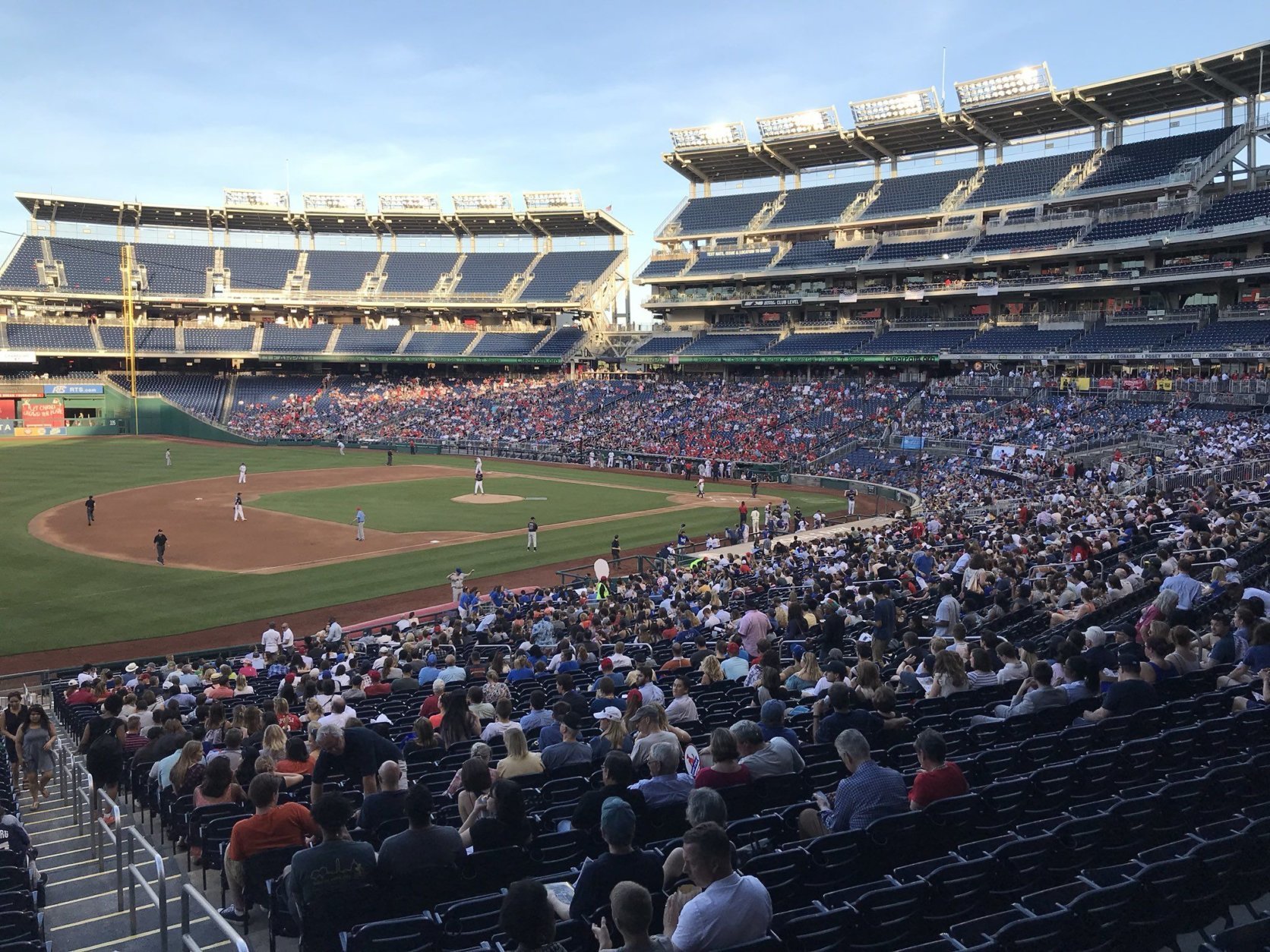 About 30 minutes into the game, there's still no score, but the crowd seems to be enjoying the weather at the Congressional Baseball Game on Thursday, June 14, 2018. (WTOP/Michelle Basch)