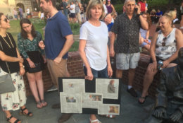 Kathy Korin, of Annapolis, joins the vigil on Friday, June 29, 2018, for the victims of the Capital Gazette shooting. (WTOP/Mike Murillo)