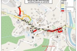 This photo showcases a map of the Ellicott City perimeter and road closures around Main Street. (WTOP/Neal Augenstein)