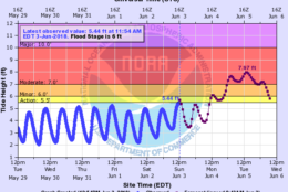 The forecast hydrograph for Georgetown has a forecast crest just under 8 feet occurring Tuesday late morning. According to past flooding, at 8 feet, backwater flooding of Rock Creek in Georgetown begins at this level. (Courtesy Matt Ritter)