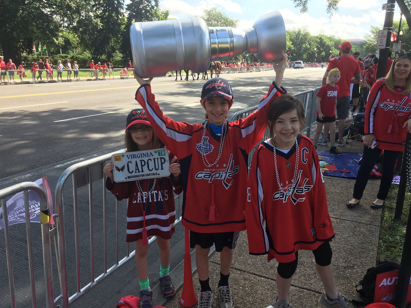 Nicholas shows off his home-made Stanley Cup. (WTOP/Mike Murillo)