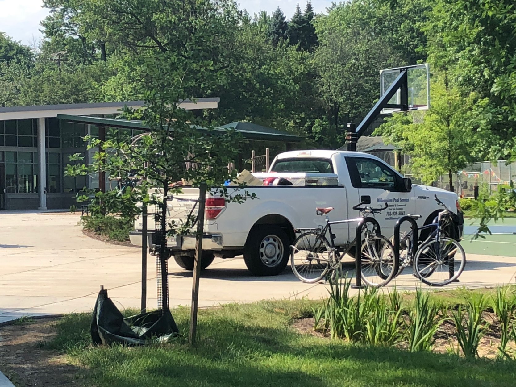 A pool service company is in the park on Tuesday, June 19, to work on fixing the sewage issue. (WTOP/Melissa Howell)