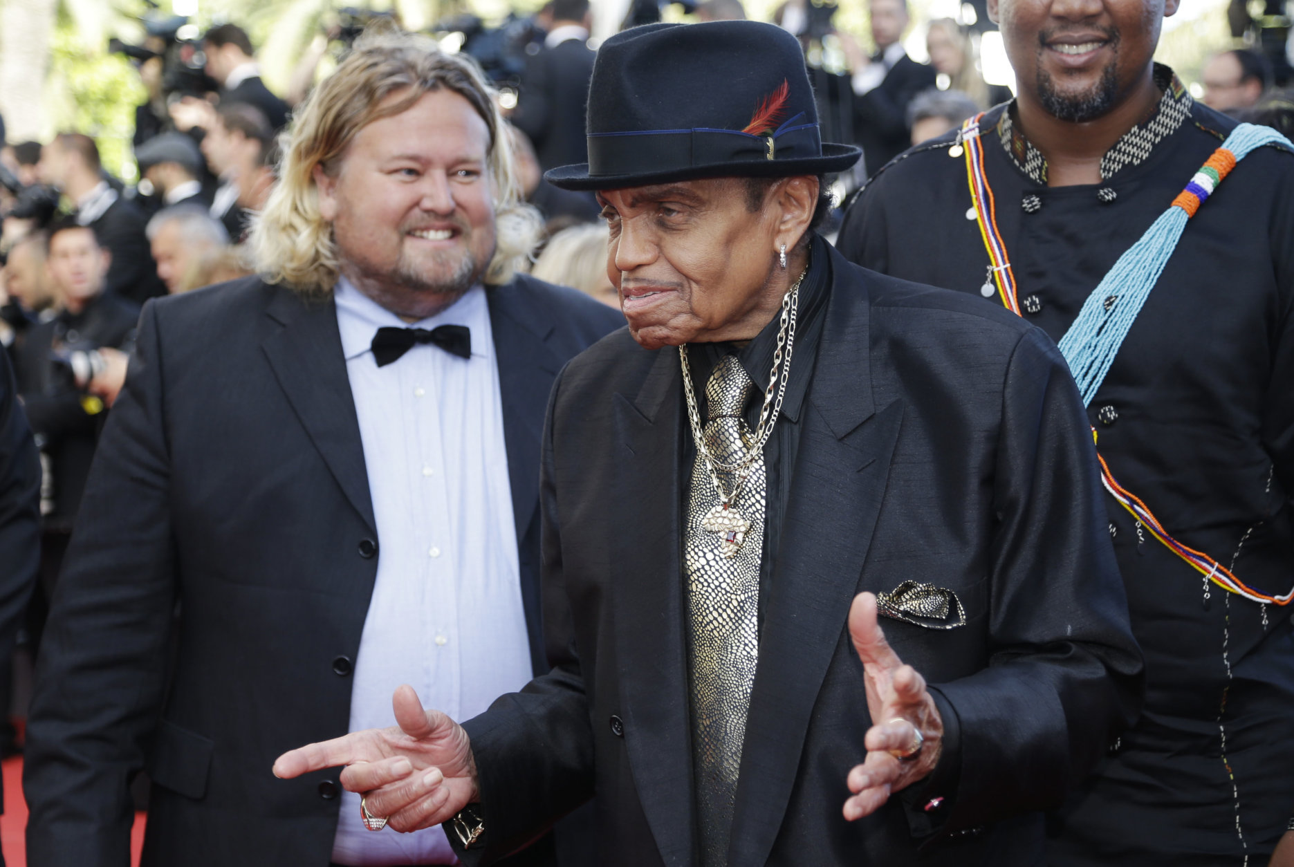 FILE  - In this Friday, May 23, 2014 file photo, Joe Jackson arrives for the screening of Sils Maria at the 67th international film festival, Cannes, southern France. A Brazilian hospital says Joe Jackson  the father of the late Michael Jackson and the patriarch of the musical family  suffered a stroke while visiting the South American nation. An emailed statement early Monday, July 27, 2015 from the Albert Einstein hospital in Sao Paulo says only that Jackson was admitted to the hospital Sunday afternoon. He is in the intensive care unit. (AP Photo/Thibault Camus, file)