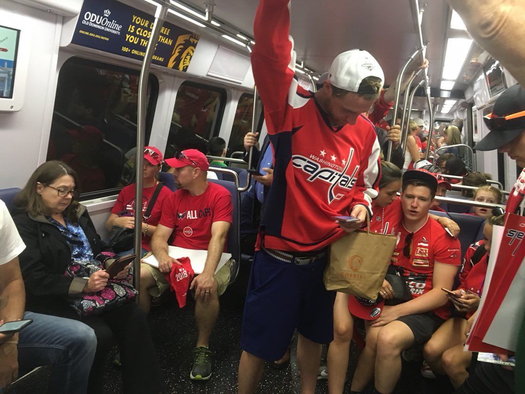 A Red Line train toward Shady Grove is crowded as Caps fans make their way home on Tuesday, June 12, 2018. (WTOP/Mike Murillo)