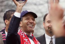 Washington Mayor Anthony Williams participates in the DC United victory gathering for the 1999 MLS Championship Cup  in downtown Washington Tuesday Nov. 23, 1999. Hundreds gathered at Freedom Plaza to greet the three-time champs, who shut out the LA Galaxy 2-0 Sunday. (AP Photo/Doug Mills)