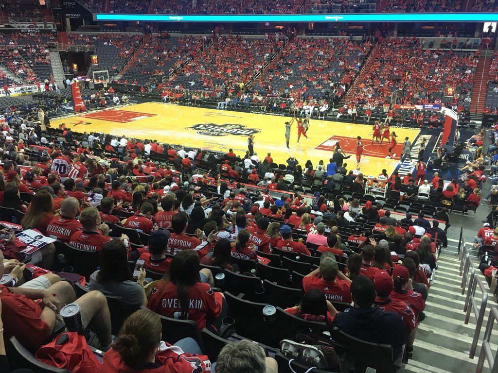 A good-size crowd was already inside Capital One Arena during the Mystics game, in anticipation of a Game 5 Caps watch party. (WTOP/Noah Frank)