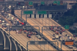 All lanes were blocked on the Wilson Bridge Wednesday. (Courtesy NBC Washington)