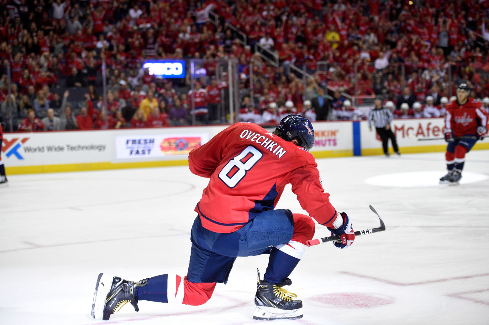 Washington Capitals left wing Alex Ovechkin (8), of Russia, celebrates his goal during the first period of a NHL hockey game against the Montreal Canadiens, Saturday, Oct. 7, 2017, in Washington. (AP Photo/Nick Wass)
