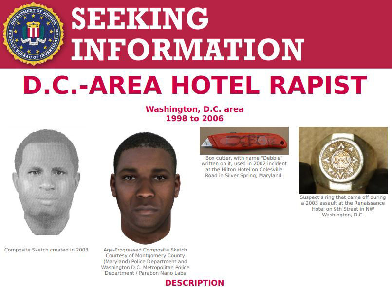 The "seeking information" flyer produced by the FBI in relation to the serial hotel rapist whose DNA profile was indicted by a Grand Jury in Washington, D.C. (Courtesy FBI.gov)