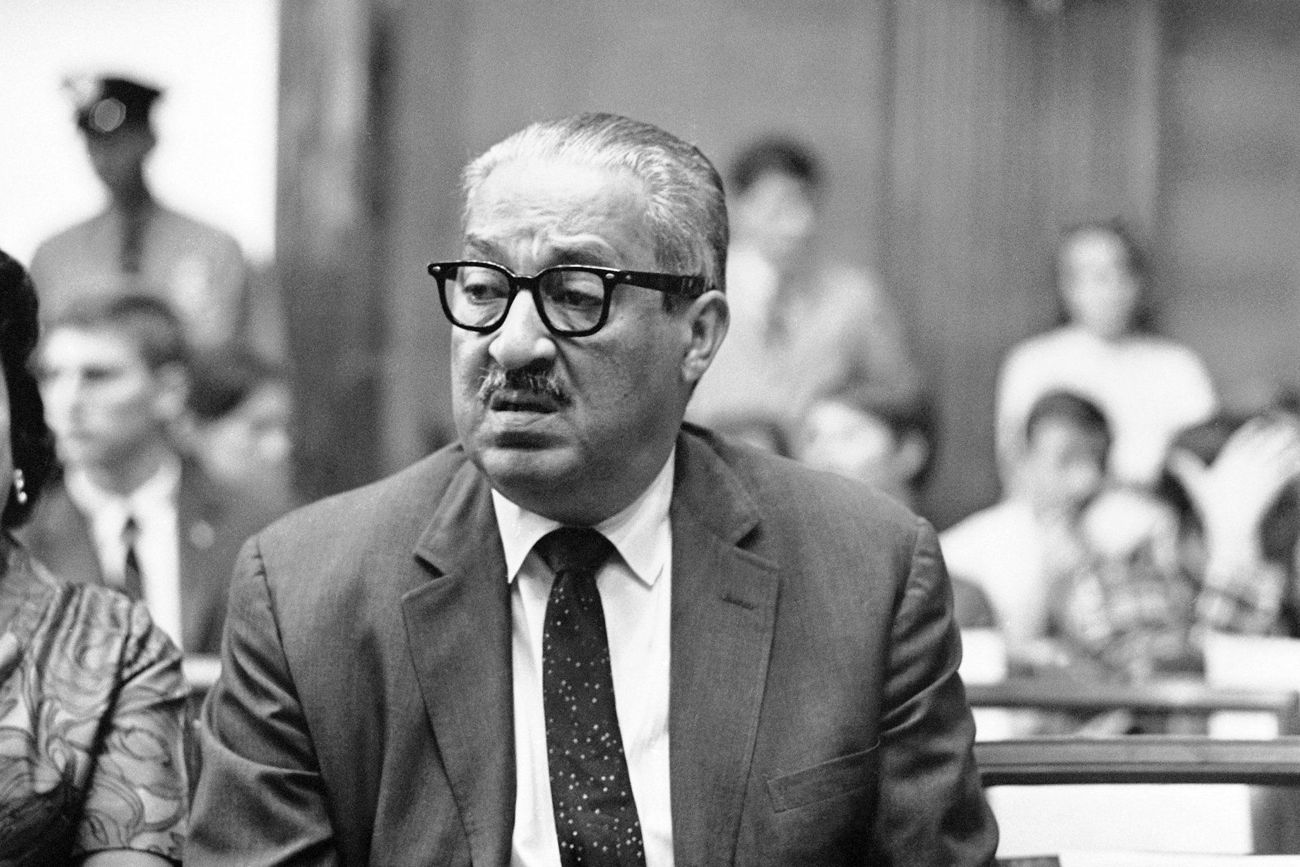 Thurgood Marshall, solicitor general of the U.S., is seen at a Senate hearing on his fitness to be appointed to the U.S. Supreme Court, July 19, 1967, in Washington.  (AP Photo/John Rous)