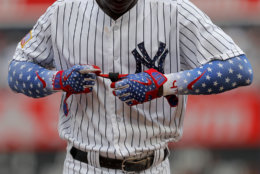 New York Yankees' Didi Gregorius pulls off his batting gloves at the end of the third inning of a baseball game against the Atlanta Braves, Wednesday, July 4, 2018, in New York. (AP Photo/Julie Jacobson)