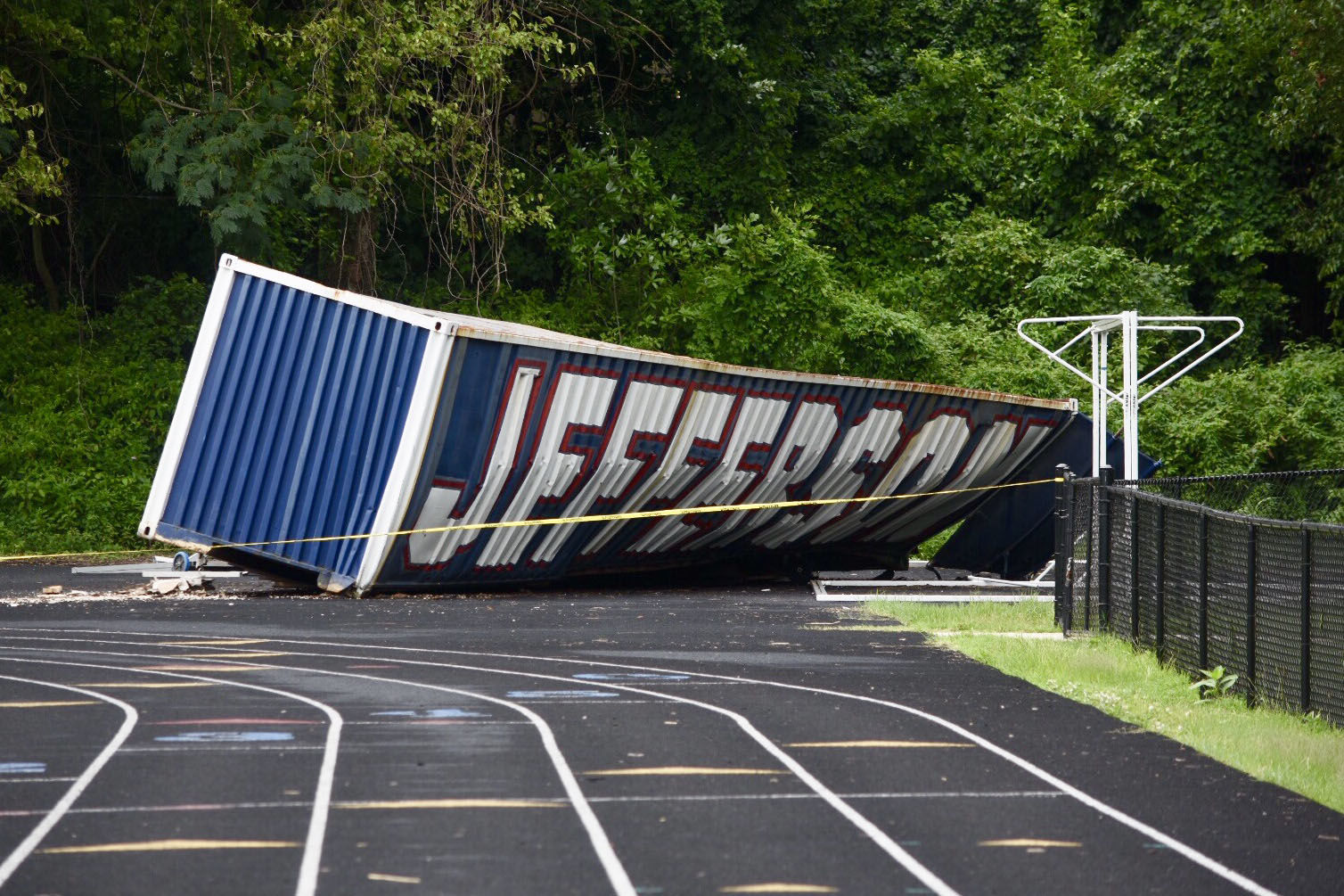 The EF-0 tornado that briefly touched down near Thomas Jefferson High School in Licnolnia, Virginia, area also lofted a shipping container over 100 yards. (WTOP/Dave Dildine)
