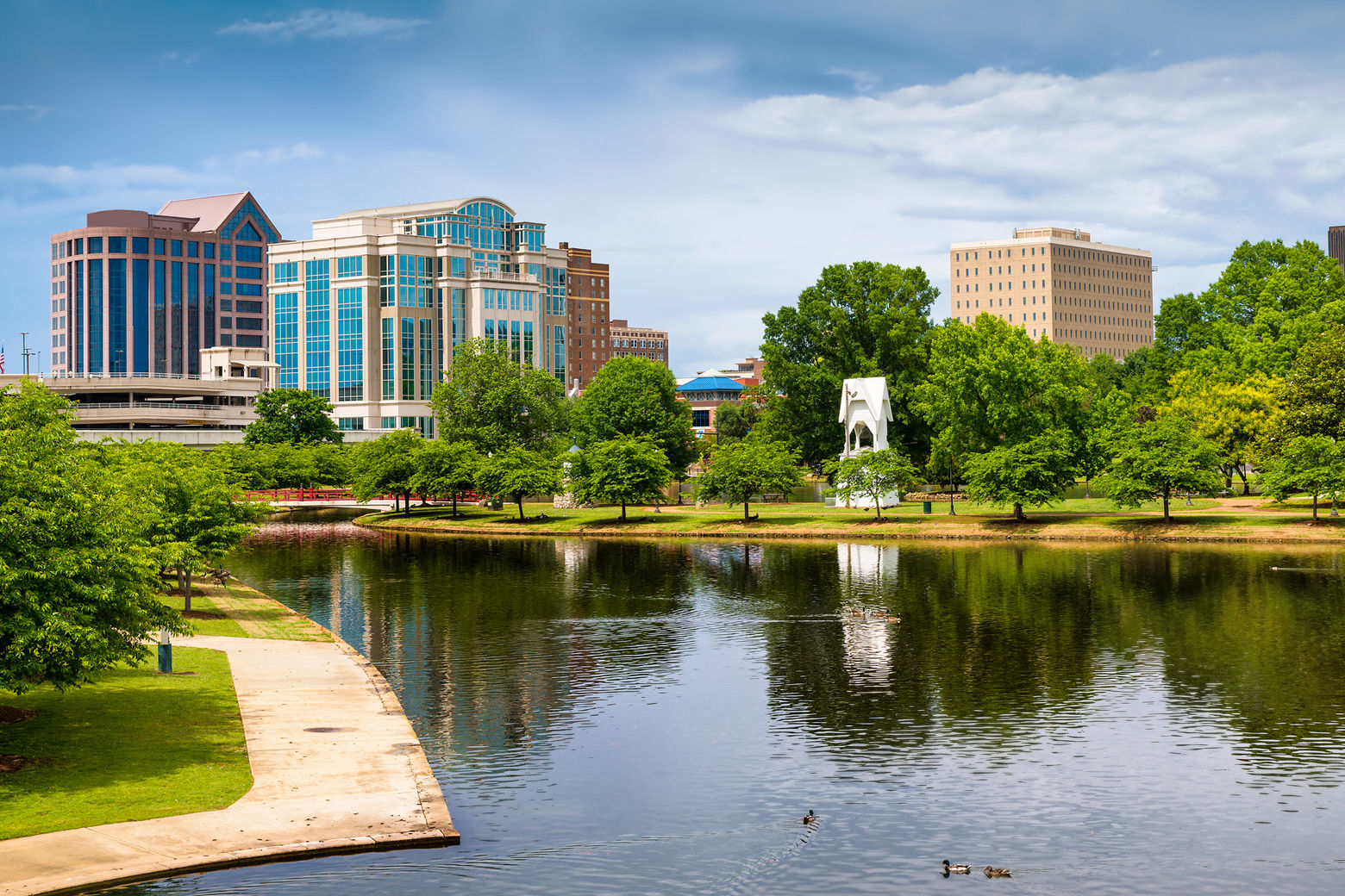 Cityscape scene of downtown Huntsville, Alabama, from Big Spring Park during the day