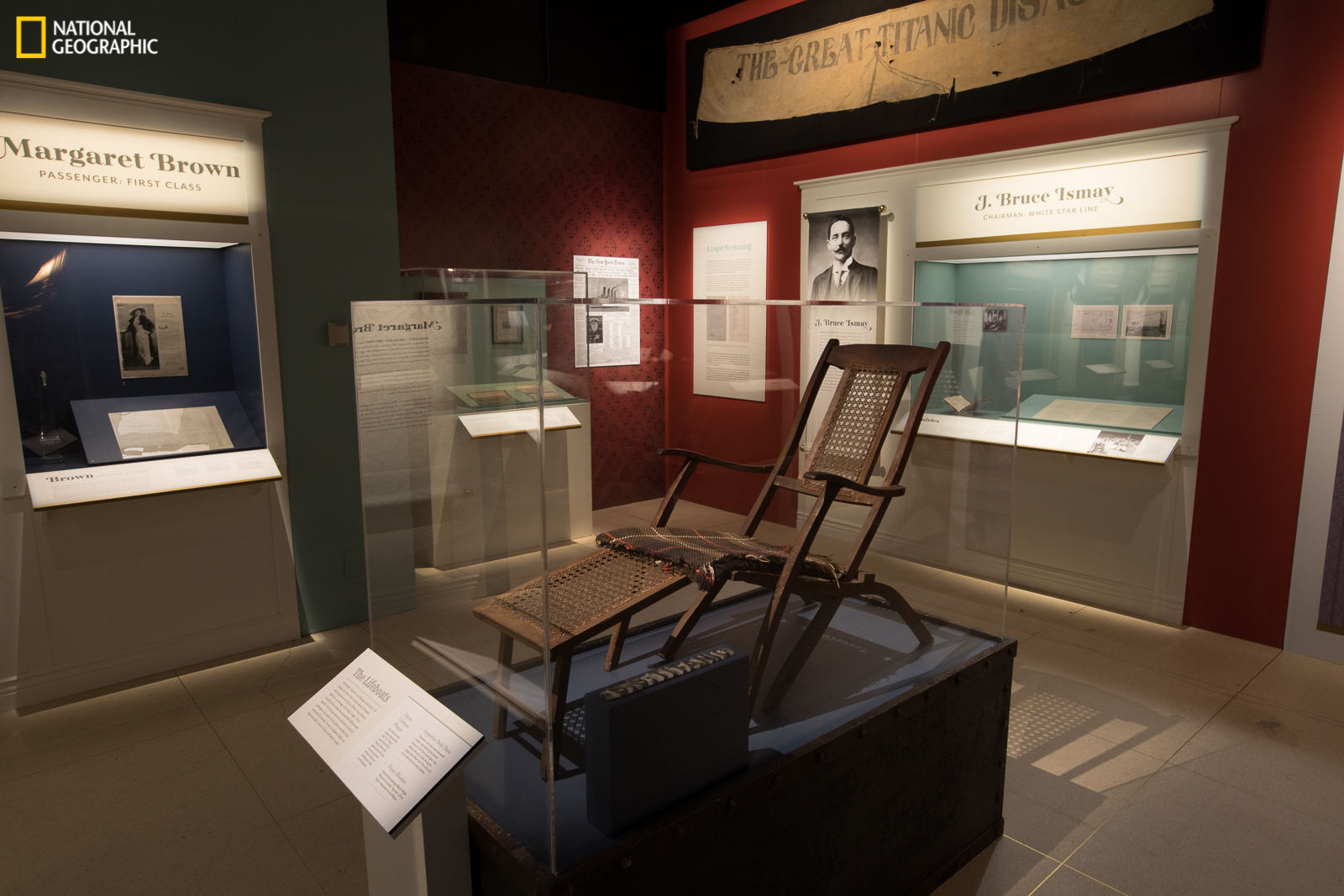 This deck chair from the Carpathia is the only known chair left in existence. Laying on the chair is a White Star Line wool blanket which was used by a survivor from one of the Titanic lifeboats. (Rebecca Hale/National Geographic)