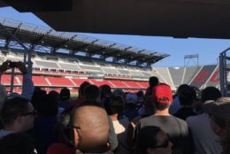 Media and fans were able to enter to get one view of the playing surface at Audi Field Monday. The stadium opens Saturday for its inaugural game. (WTOP/Michelle Basch)