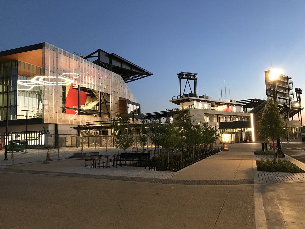 A view of the Audi Field at dusk. (WTOP/Michelle Basch)