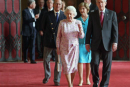 Britain's Queen Elizabeth II and the Duke of Edinburgh, left, with US President George Bush and his wife Laura, behind,   in St George's Hall, Windsor Castle Sunday June 15, 2008. Heading into two days of talks, U.S. President George W. Bush and British Prime Minister Gordon Brown plan to swap strategies on how to reduce their military forces in Iraq and halt Iran's nuclear ambitions. The two leaders will also discuss Middle East peace, climate change, trade and Northern Ireland governance, Bush's national security adviser Stephen Hadley told reporters traveling with the president on Sunday. (AP Photo / Dominic Liplinski, Pool)