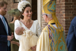 Kate, Duchess of Cambridge speaks to Archbishop of Canterbury Justin Welby as she arrives carrying Prince Louis for his christening service at the Chapel Royal, St James's Palace, London, Monday, July 9, 2018. (Dominic Lipinski/Pool Photo via AP)