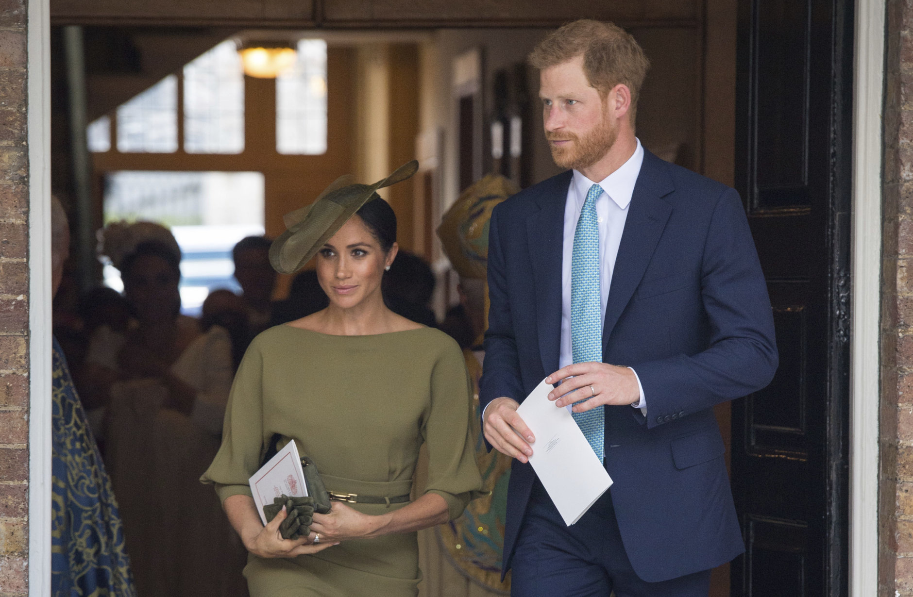 Britain's Prince Harry and Meghan Duchess of Sussex leave after the christening service of Prince Louis at the Chapel Royal, St James's Palace, London, Monday, July 9, 2018. (Dominic Lipinski/Pool Photo via AP)