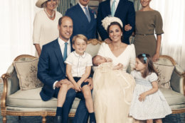 This Monday, July 9, 2018, photo provided by the Duke and Duchess of Cambridge shows an official photograph to mark the christening of Prince Louis at Clarence House, following Prince Louis' baptism, in London. Seated, left to right: Prince William, The Duke of Cambridge; Prince George; Prince Louis; Kate, the Duchess of Cambridge; and Princess Charlotte. Standing, left to right: Camilla, The Duchess of Cornwall; Prince Charles, the Prince of Wales; Prince Harry, the Duke of Sussex; and wife Megan, the Duchess of Sussex. (Matt Holyoak/Camera Press/Duke and Duchess of Cambridge via AP)