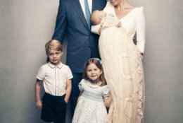 This Monday, July 9, 2018, photo provided by the Duke and Duchess of Cambridge shows an official photograph to mark the christening of Prince Louis at Clarence House, following Prince Louis' baptism, in London. In the photo, Kate, the Duchess of Cambridge, holds Prince Louis as they pose with Prince William, the Duke of Cambridge; Prince George and Princess Charlotte. (Matt Holyoak/Camera Press/Duke and Duchess of Cambridge via AP)