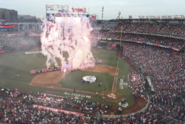 Fireworks are displayed before the MLB Home Run Derby, at Nationals Park, Monday, July 16, 2018 in Washington. The 89th MLB baseball All-Star Game will be played Tuesday. (AP Photo/Susan Walsh)