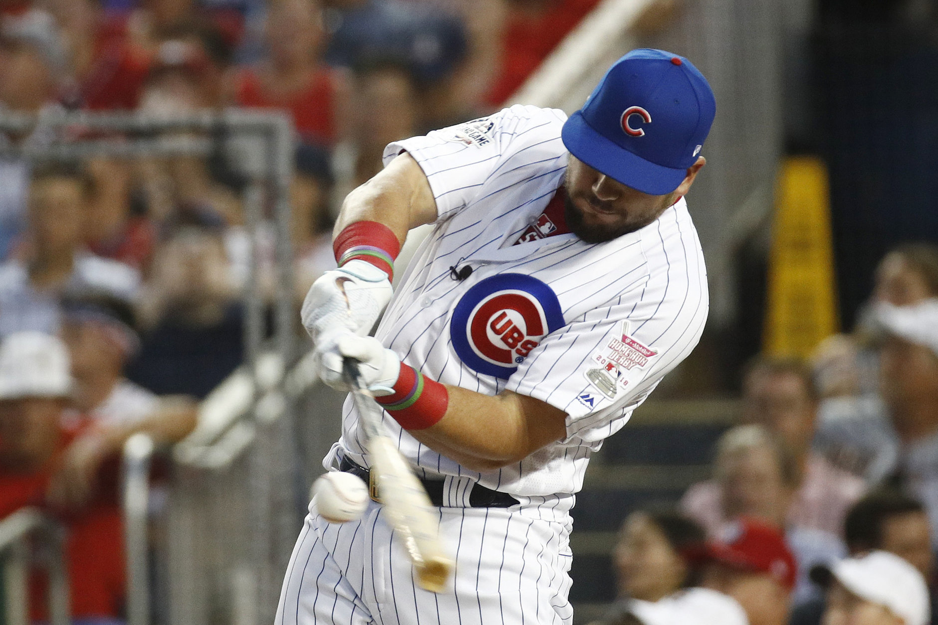 Chicago Cubs Kyle Schwarber (12) hits during the MLB Home Run Derby, at Nationals Park, Monday, July 16, 2018 in Washington. The 89th MLB baseball All-Star Game will be played Tuesday.(AP Photo/Patrick Semansky)