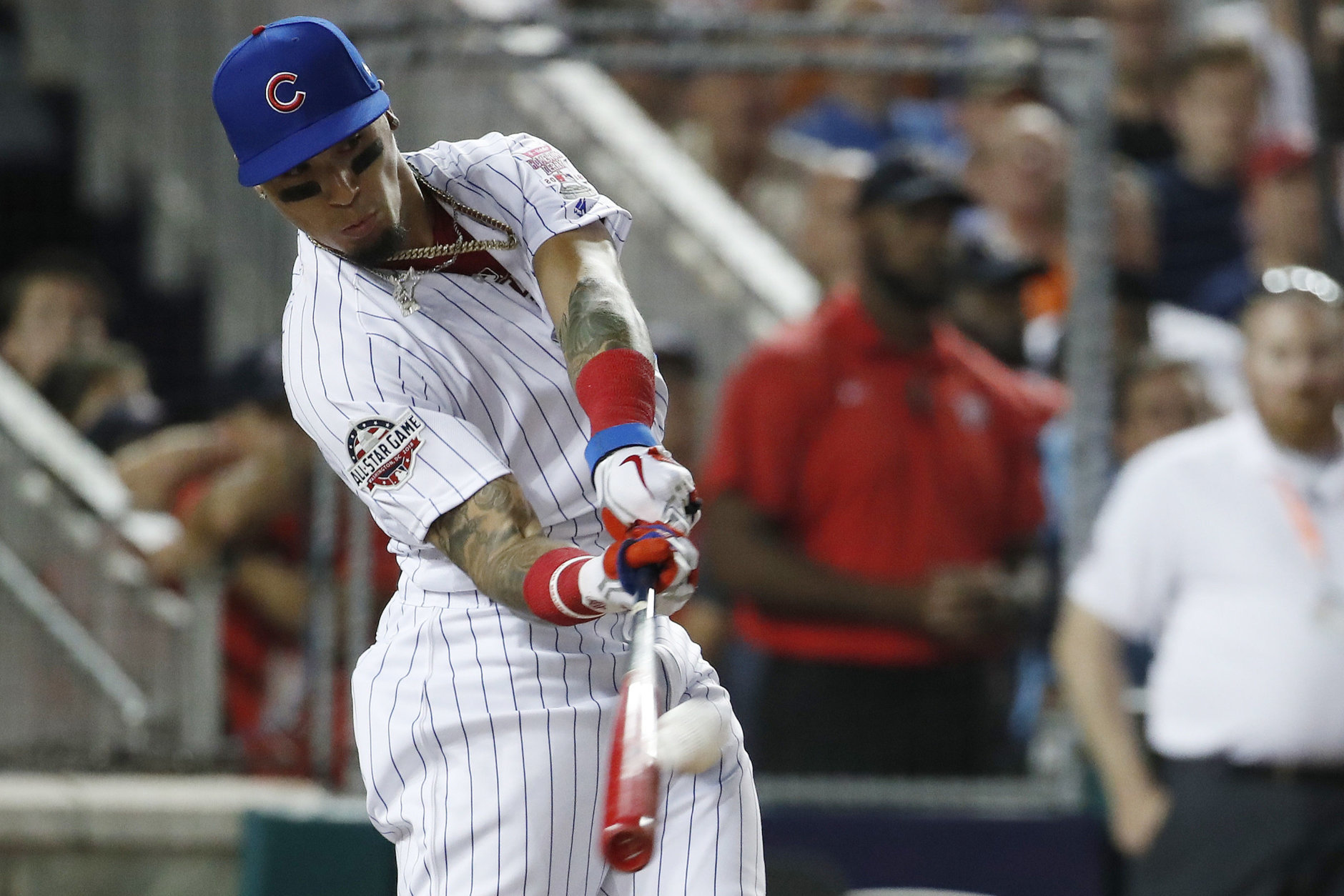 Chicago Cubs Javier Báez (9) hits during the MLB Home Run Derby, at Nationals Park, Monday, July 16, 2018 in Washington. The 89th MLB baseball All-Star Game will be played Tuesday. (AP Photo/Alex Brandon)