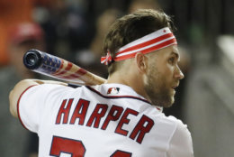 Washington Nationals Bryce Harper (34) waits for his pitch during the MLB Home Run Derby, at Nationals Park, Monday, July 16, 2018 in Washington. The 89th MLB baseball All-Star Game will be played Tuesday. (AP Photo/Alex Brandon)