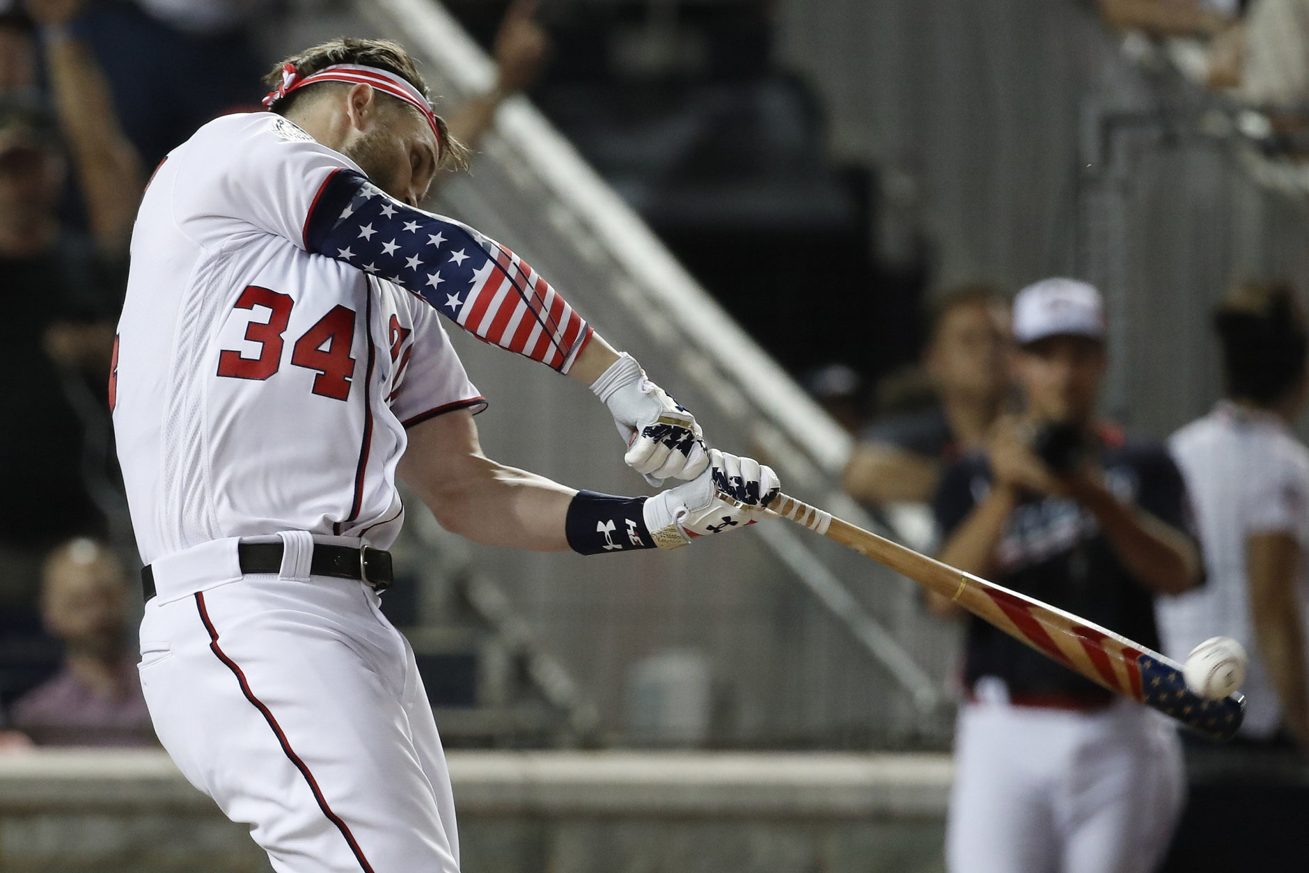 Washington Nationals Bryce Harper hits during the MLB Home Run Derby, at Nationals Park, Monday, July 16, 2018 in Washington. The 89th MLB baseball All-Star Game will be played Tuesday. (AP Photo/Alex Brandon)