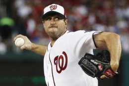 Washington Nationals pitcher Max Scherzer (31) throws during first inning of the Major League Baseball All-star Game, Tuesday, July 17, 2018 in Washington. (AP Photo/Patrick Semansky)