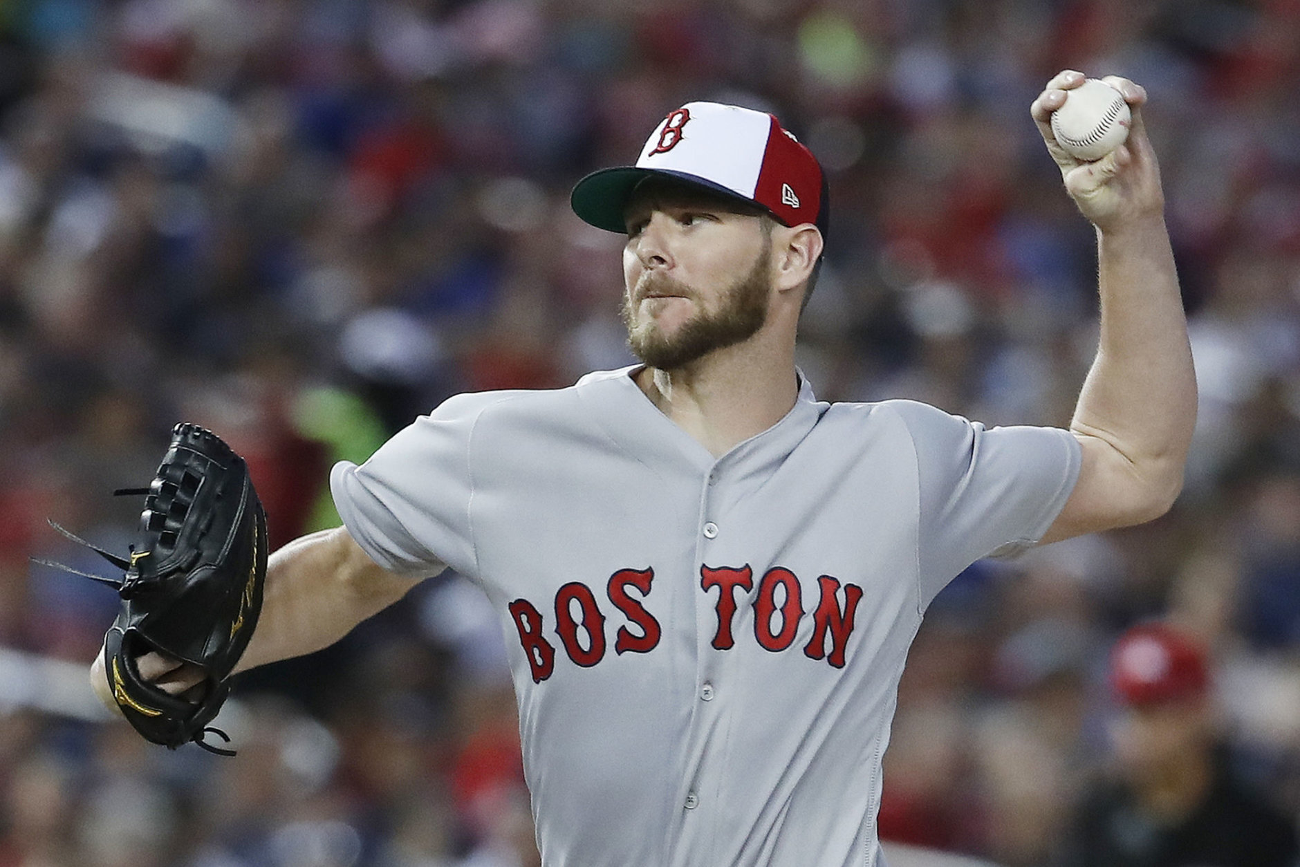 Boston Red Sox pitcher Chris Sale (41) throws during the first inning of the Major League Baseball All-star Game, Tuesday, July 17, 2018 in Washington. (AP Photo/Alex Brandon)