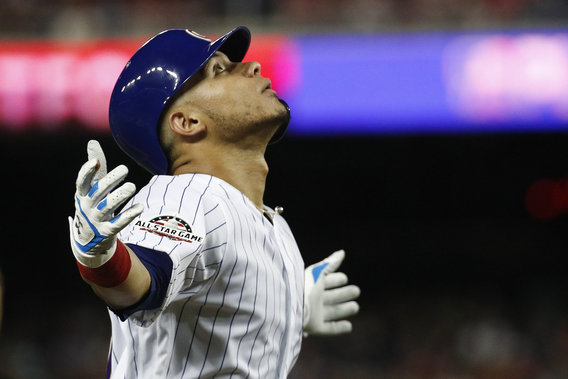 Chicago Cubs catcher Willson Contreras (40) celebrates this third inning solo home run during the Major League Baseball All-star Game, Tuesday, July 17, 2018 in Washington. (AP Photo/Patrick Semansky)