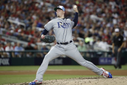 Tampa Bay Rays pitcher Blake Snell (4) throws during the fourth inning at the Major League Baseball All-star Game, Tuesday, July 17, 2018 in Washington. (AP Photo/Alex Brandon)