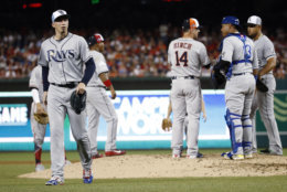 Tampa Bay Rays pitcher Blake Snell (4) walks off the field after being pulled during the fourth inning of the Major League Baseball All-star Game, Tuesday, July 17, 2018 in Washington. (AP Photo/Patrick Semansky)