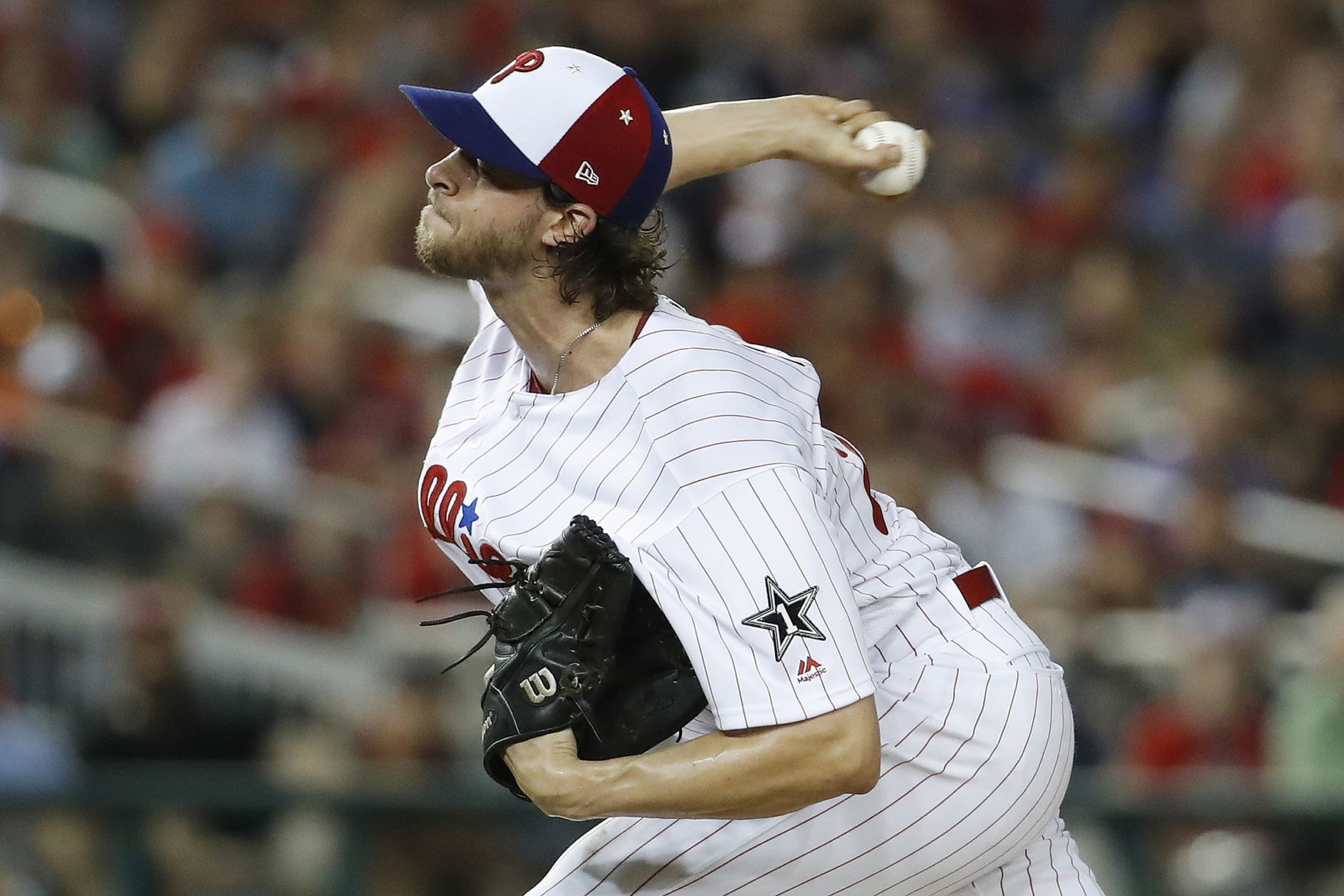 Philadelphia Phillies pitcher Aaron Nola (27) works during the fifth inning at the Major League Baseball All-star Game, Tuesday, July 17, 2018 in Washington. (AP Photo/Alex Brandon)