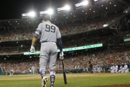 New York Yankees Aaron Judge (99) walks out to bat during the sixth inning at the Major League Baseball All-star Game, Tuesday, July 17, 2018 in Washington. (AP Photo/Patrick Semansky)