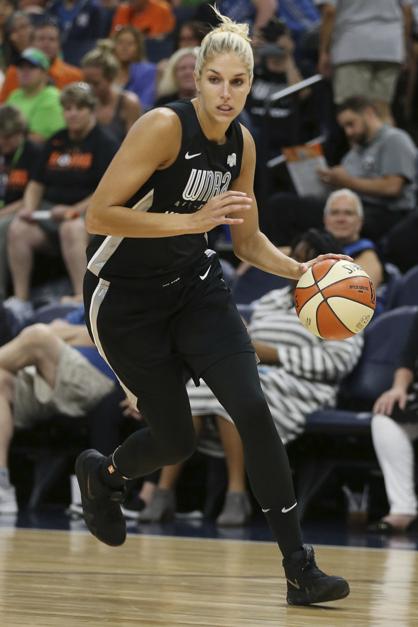 Delle Donne, captain of her team, controls the ball in the first half of the WNBA All-Star basketball game against Team Candace Parker, Saturday, July 28, 2018 in Minneapolis. Candace Parker's team won 119-112. (AP Photo/Stacy Bengs)