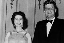 Queen Elizabeth II and President John Kennedy pose at Buckingham Palace in London, June 5, 1961.  The Kennedys were dinner guests of the Queen. (AP Photo)