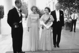 President Ford and first lady Betty Ford pose with Queen Elizabeth II and Prince Philip outside the North Portico of the White House in Washington on July 7, 1976.  The Fords are hosting a state dinner for the Queen of England in the Executive Mansion.  (AP Photo)