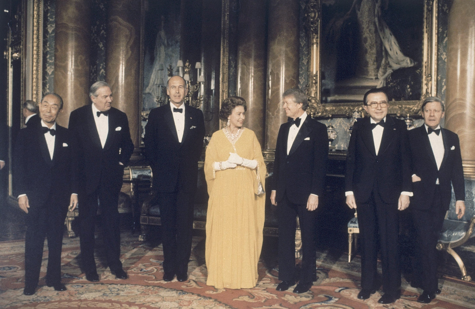 President Jimmy Carter the Queen ELizabet II of Enmgland with others on his trip to Newcastle in England,  May 1977. (AP Photo)