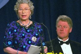 President Bill Clinton listens as Britain's Queen Elizabeth II speaks, during a dinner at the Guildhall in Portsmouth Saturday June, 4, 1994, to commemorate the 50th anniversary of the D-Day landings in Normandy.  (AP Photo/Doug Mills)