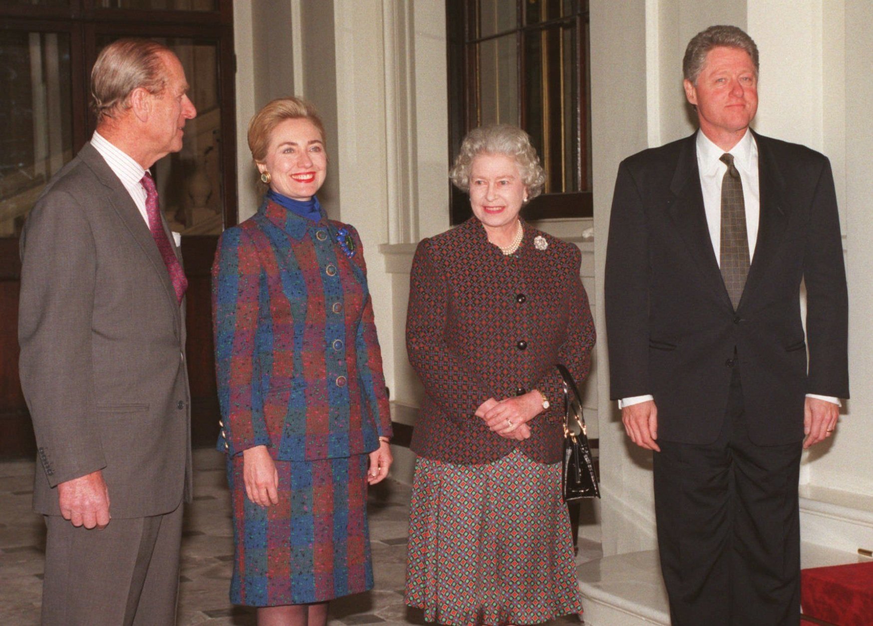 From left: Britain's Prince Philip, the Duke of Edinburgh; first lady Hillary Rodham Clinton; Britain's Queen Elizabeth II and President Clinton pose at Buckingham Palace in London Wednesday Nov. 29 1995. President Clinton arrived in London Wednesday for a five-day European trip. (AP Photo /Dave Caulkin/WPA)