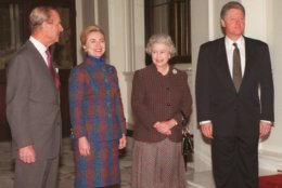 From left: Britain's Prince Philip, the Duke of Edinburgh; first lady Hillary Rodham Clinton; Britain's Queen Elizabeth II and President Clinton pose at Buckingham Palace in London Wednesday Nov. 29 1995. President Clinton arrived in London Wednesday for a five-day European trip. (AP Photo /Dave Caulkin/WPA)