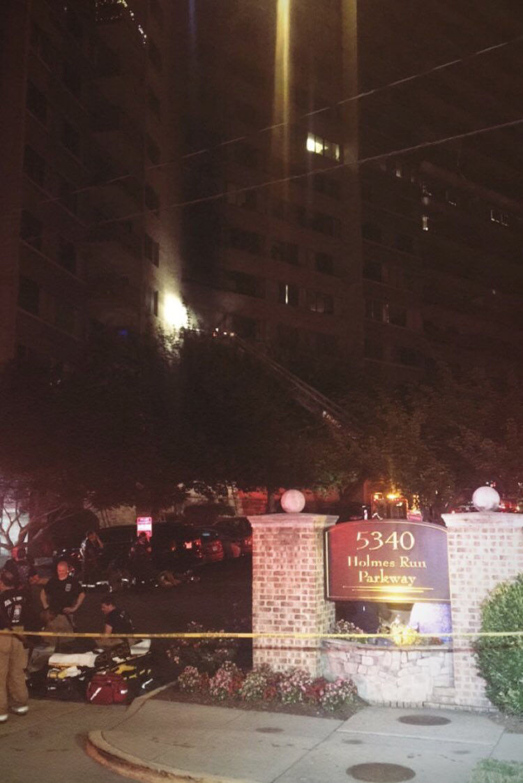 Crews respond to a two-alarm fire at an Alexandria high-rise early Monday morning. (Courtesy Alexandria Fire Department via Twitter)
