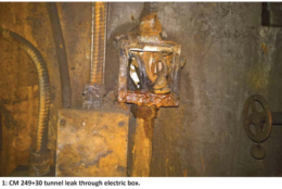 On the Green Line between Southern Ave and Waterfront, a tunnel leak over catwalk with mud and water running through open electrical box creating electrical hazard. (Courtesy FTA)